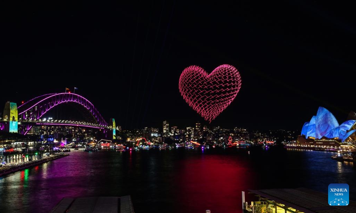 This photo taken on June 8, 2024 shows a view of the Love is in the air drone show during the Vivid Sydney light festival in Sydney, Australia. (Xinhua/Ma Ping)

