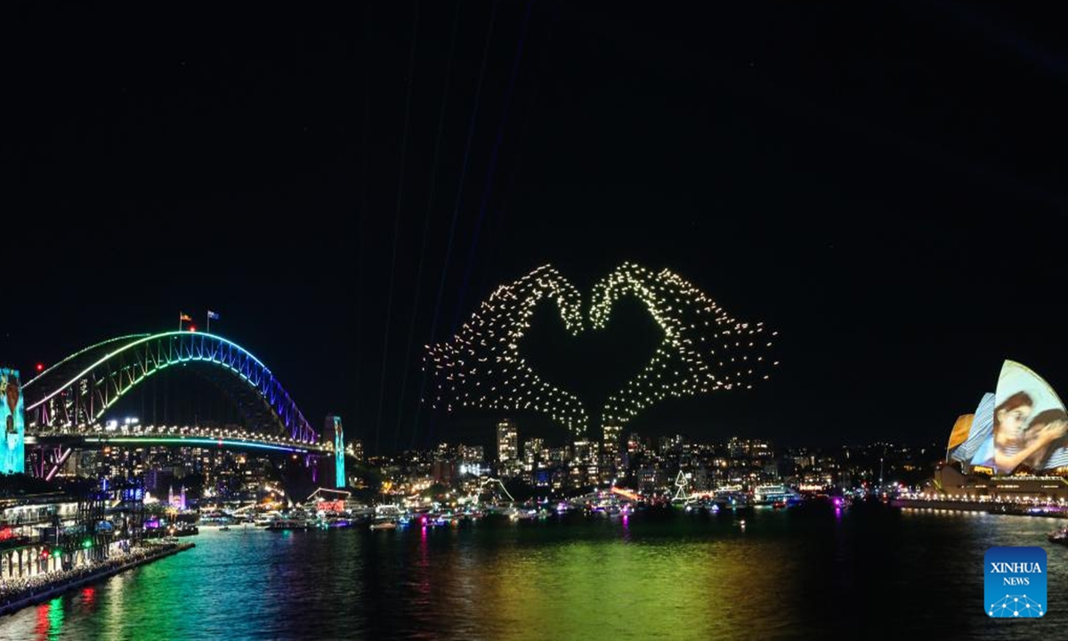 This photo taken on June 8, 2024 shows a view of the Love is in the air drone show during the Vivid Sydney light festival in Sydney, Australia. (Xinhua/Ma Ping)

