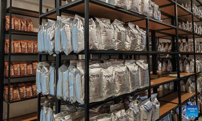 This photo taken by a mobile phone shows packaged coffee beans stored at a coffee roastery in Addis Ababa, capital of Ethiopia, on June 8, 2024. (Photo: Xinhua)