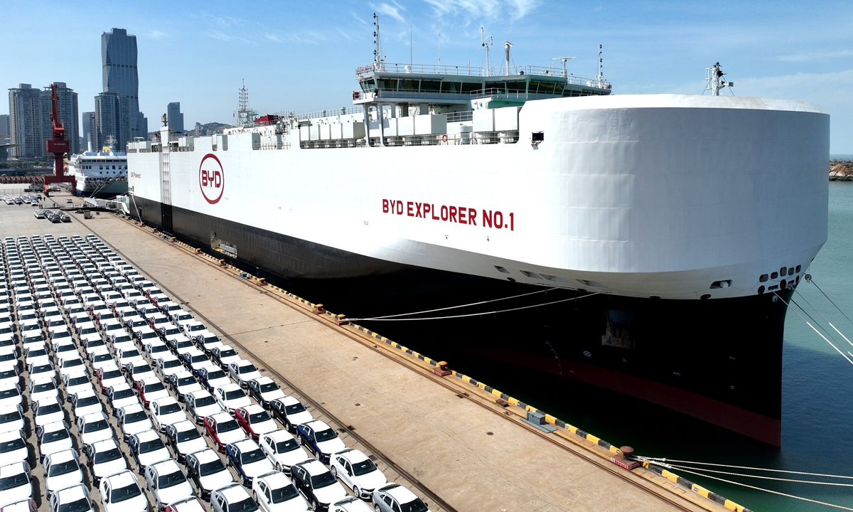 A batch of new-energy vehicles are ready to be exported at Lianyungang Port in East China's Jiangsu Province on April 25, 2024. Photo: VCG