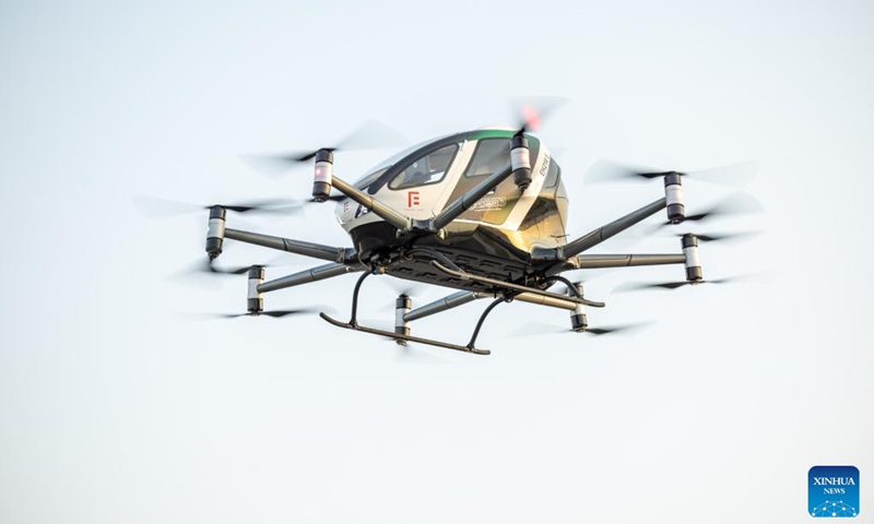 Photo taken on June 12, 2024 shows an unmanned air taxi during a test trial in Mecca, Saudi Arabia. Saudi and Chinese companies have carried out a successful test trial of the first unmanned air taxi in Mecca, Saudi Arabia. The demonstration was carried out on Wednesday by the Front End Limited Company, a Saudi firm specializing in integrating advanced technology across various sectors, in partnership with EHang, a Chinese autonomous aerial vehicle technology platform company.(Photo: Xinhua)