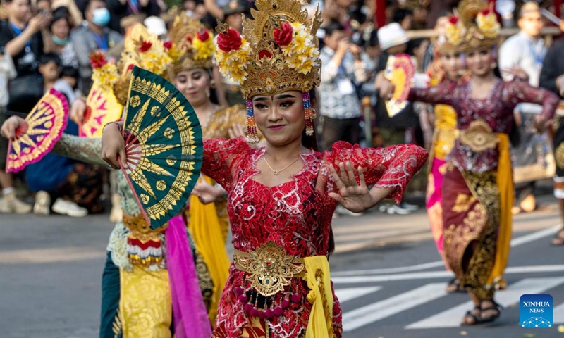 Performers parade during the Bali Arts Festival 2024 in Denpasar, Bali, Indonesia, June 15, 2024. This year's Bali Arts Festival is held from June 15 to July 13. (Xinhua/Lin Shanchuan)