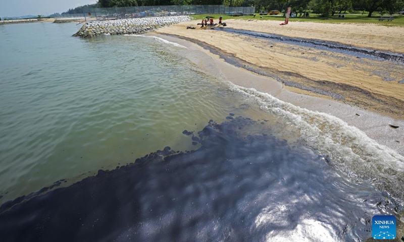 Workers clean up the oil spill on Tanjong beach on Sentosa island in Singapore, June 16, 2024.
(Photo: Xinhua)