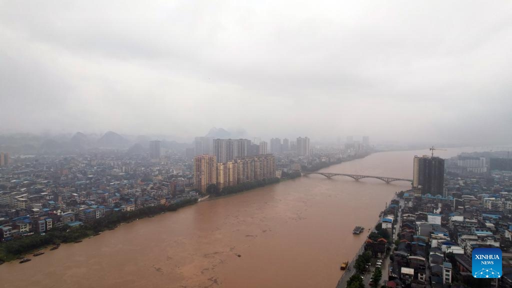 An aerial drone photo taken on June 18, 2024 shows surging water flow in the section of Rongjiang River in Rong'an County, south China's Guangxi Zhuang Autonomous Region. As of 11 a.m. Tuesday, torrential rainfall has elevated the water level in this section of Rongjiang River to 114.79 meters, or 0.19 meters above the alert line.(Photo: Xinhua) 