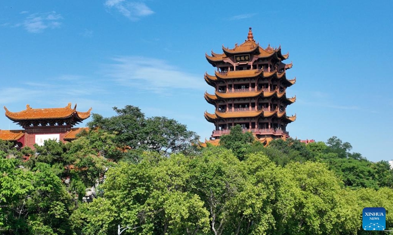 An aerial drone photo taken on June 3, 2024 shows a view of the Yellow Crane Tower in Wuhan City of China's Hubei Province. The Stork Tower in Shanxi Province, the Tengwang Pavilion in Jiangxi Province, the Yueyang Tower in Hunan Province and the Yellow Crane Tower in Hubei Province, four famous landmarks in China's central region, attract tourists with exquisite architectural art, magnificent scenery and profound history and culture.(Photo: Xinhua)