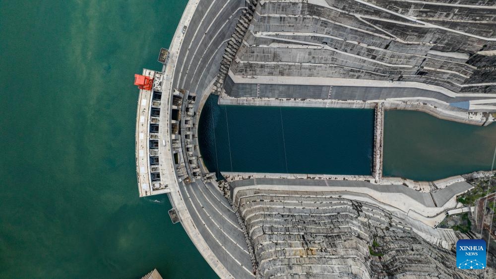 An aerial drone photo taken on June 19, 2024 shows a view of the Baihetan hydropower station in southwest China. Riding on the Jinsha River, the upper section of the Yangtze River, at the provincial border between Sichuan and Yunnan, the Baihetan hydropower station has a total installed capacity of 16 million kilowatts, second only to the Three Gorges Dam project.(Photo: Xinhua)