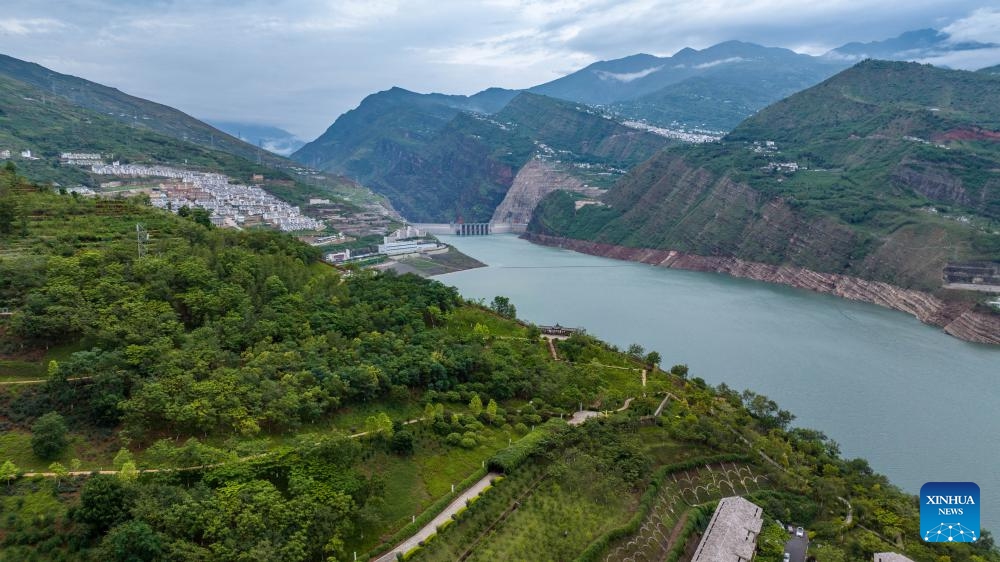 An aerial drone photo taken on June 19, 2024 shows a view of the Baihetan hydropower station in southwest China. Riding on the Jinsha River, the upper section of the Yangtze River, at the provincial border between Sichuan and Yunnan, the Baihetan hydropower station has a total installed capacity of 16 million kilowatts, second only to the Three Gorges Dam project.(Photo: Xinhua)