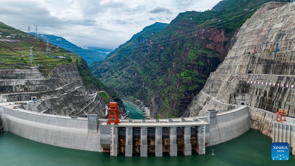 An aerial drone photo taken on June 19, 2024 shows a view of the Baihetan hydropower station in southwest China. Riding on the Jinsha River, the upper section of the Yangtze River, at the provincial border between Sichuan and Yunnan, the Baihetan hydropower station has a total installed capacity of 16 million kilowatts, second only to the Three Gorges Dam project.(Photo: Xinhua)