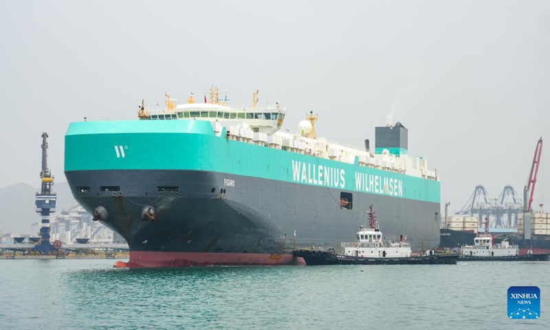 A ro-ro ship docks at Yantai Port in east China's Shangdong Province, June 23, 2024. The multi-mode handling volume of commodity vehicles of Yantai Port reached 288,000 in the first five months of 2024, an increase of 30.2 percent over the same period in 2023. In recent years, Yantai Port has stepped up efforts in building a logistic hub for commodity vehicles. It has now opened up 14 commodity vehicle logistics lines.(Photo: Xinhua)