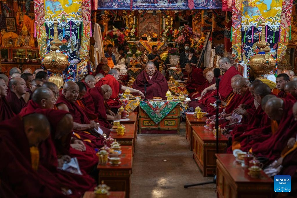 Ngawanga Choma from Lhasa's Drepung Monastery attends a preliminary examination for the Geshe Lharampa at Sera Monastery in Lhasa, capital of southwest China's Xizang Autonomous Region, June 25, 2024. A total of 13 monks from multiple monasteries are in the process of completing a preliminary examination for the Geshe Lharampa, the highest academic degree in the exoteric teachings of the Gelug school of Tibetan Buddhism.(Photo: Xinhua)