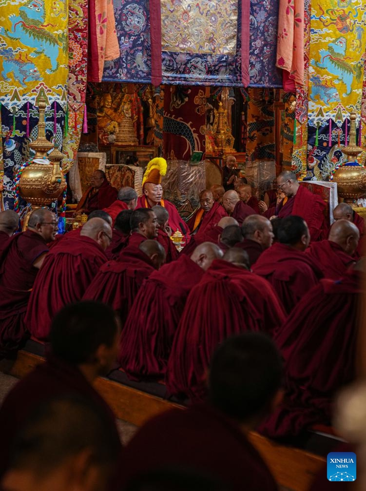 Jamyang Takhe from Qamdo's Champa Ling Monastery attends a preliminary examination for the Geshe Lharampa at Sera Monastery in Lhasa, capital of southwest China's Xizang Autonomous Region, June 25, 2024. A total of 13 monks from multiple monasteries are in the process of completing a preliminary examination for the Geshe Lharampa, the highest academic degree in the exoteric teachings of the Gelug school of Tibetan Buddhism. (Photo: Xinhua)