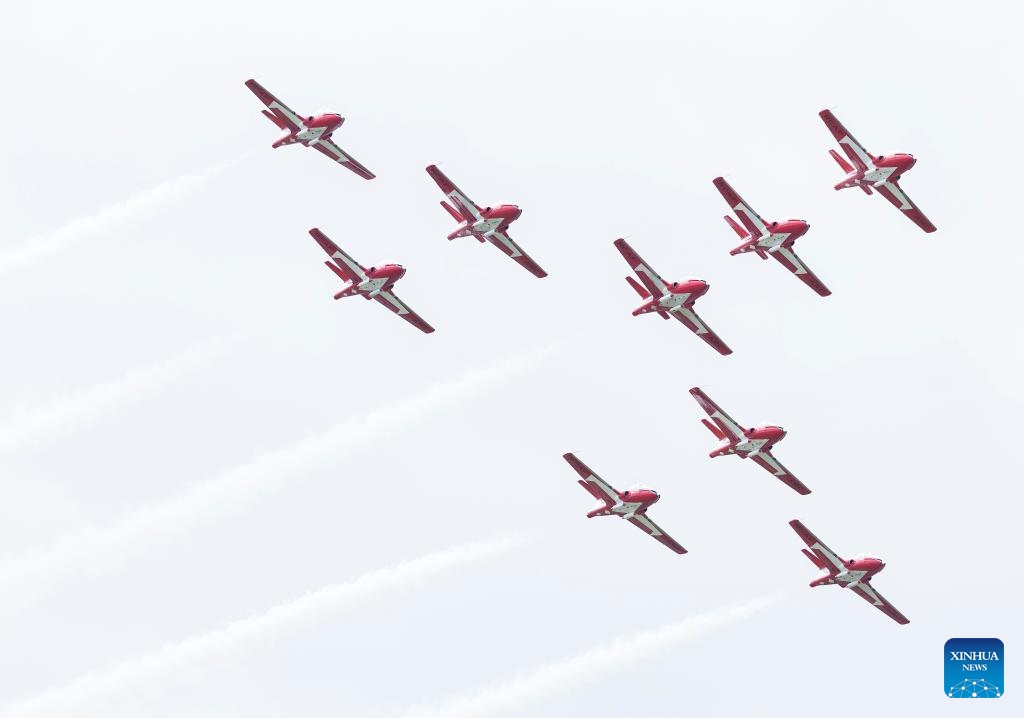The Canadian Forces Snowbirds perform during the 2024 Quinte International Air Show in Quinte West, Ontario, Canada, on June 30, 2024. (Photo: Xinhua)