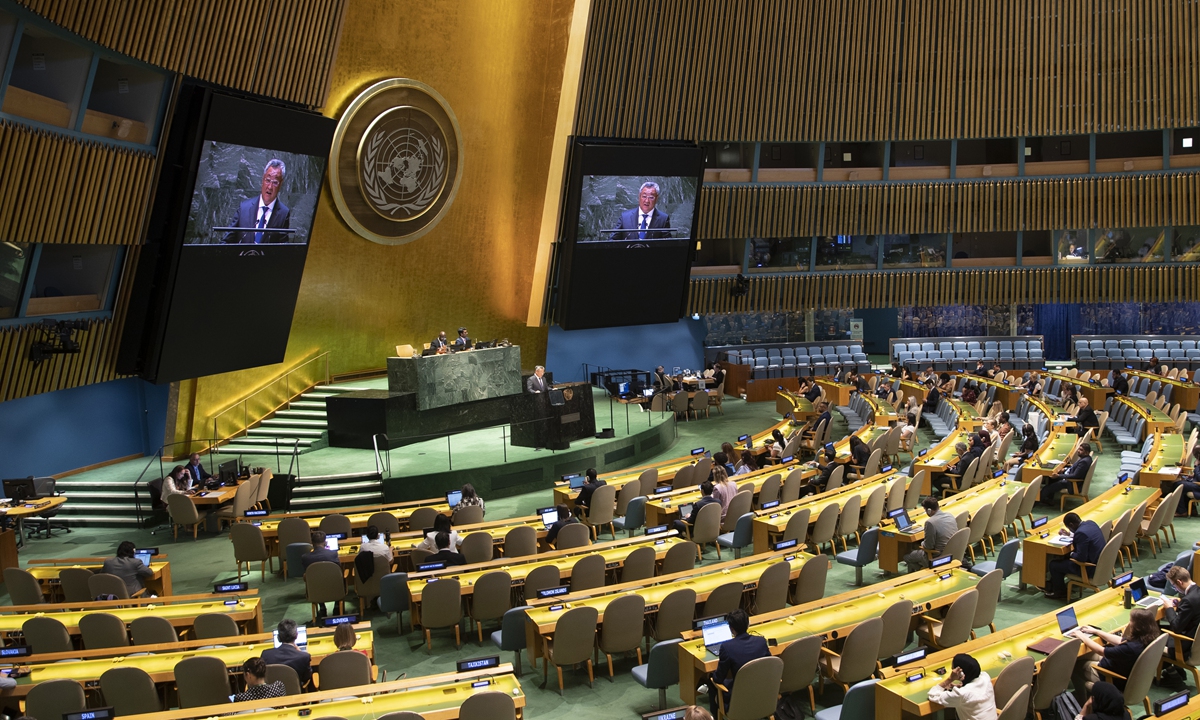 Fu Cong, China's permanent representative to the United Nations, introduces the draft resolution on Enhancing International Cooperation on Capacity-building of Artificial Intelligence during UNGA plenary session at the UN headquarters in New York, on July 1, 2024. Photo: VCG