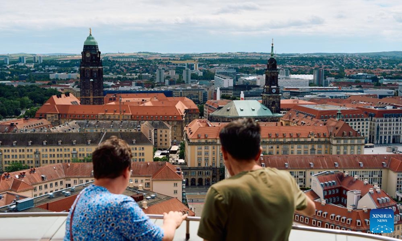 People enjoy the city view on the top of the Frauenkirche in Dresden, Germany, July 5, 2024. Dresden, located in the eastern part of Germany, is the capital of German state Saxony. Photo: Xinhua