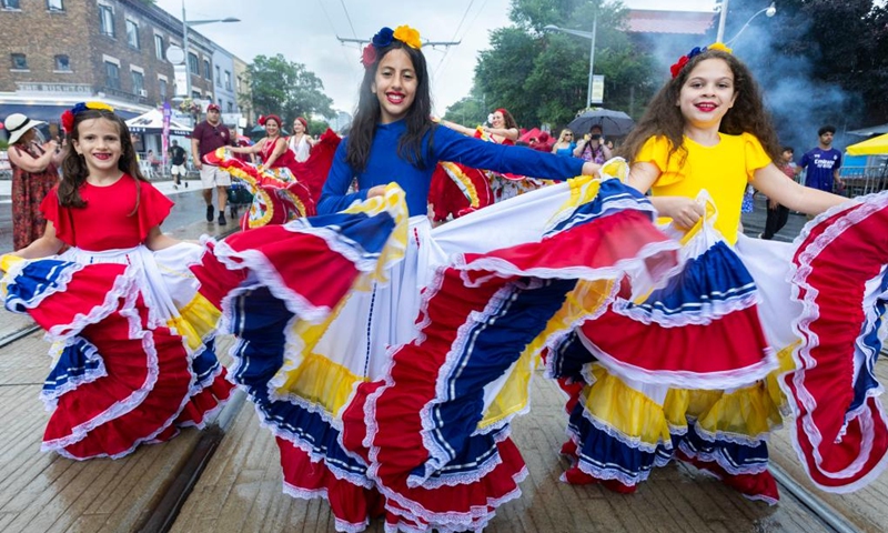 Girls perform during the 2024 Salsa on St. Clair Street Festival in Toronto, Canada, July 6, 2024. The two-day event, showcasing Latin American cultures, kicked off here on Saturday. Photo: Xinhua