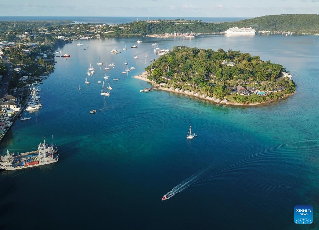 An aerial drone photo taken on June 29, 2024 shows a view of Port Vila, Vanuatu. Vanuatu is an island nation located in the southwestern Pacific, with its economy primarily based on agriculture, fisheries and livestock. (Xinhua/Guo Lei)
