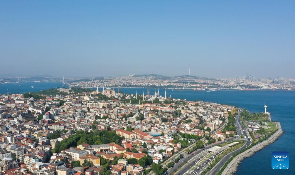 An aerial drone photo taken on July 9, 2024 shows buildings along the Bosporus Strait in Istanbul, Türkiye. (Photo: Xinhua)