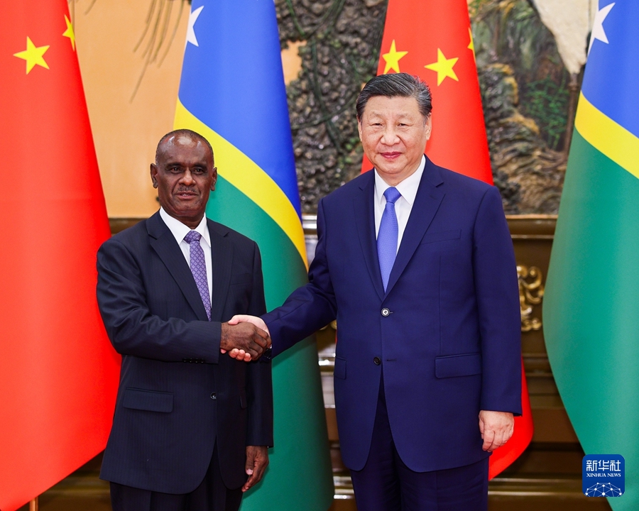 Chinese President Xi Jinping meets with Prime Minister of the Solomon Islands Jeremiah Manele in Beijing on July 12, 2024. 

