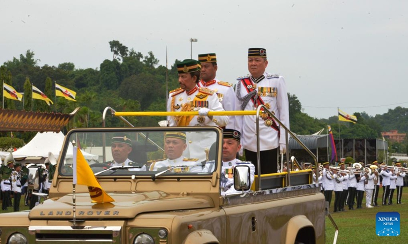 Brunei's Sultan Haji Hassanal Bolkiah inspects a traditional Grand Parade held for his 78th birthday in Bandar Seri Begawan, capital of Brunei, July 15, 2024. (Photo: Xinhua)