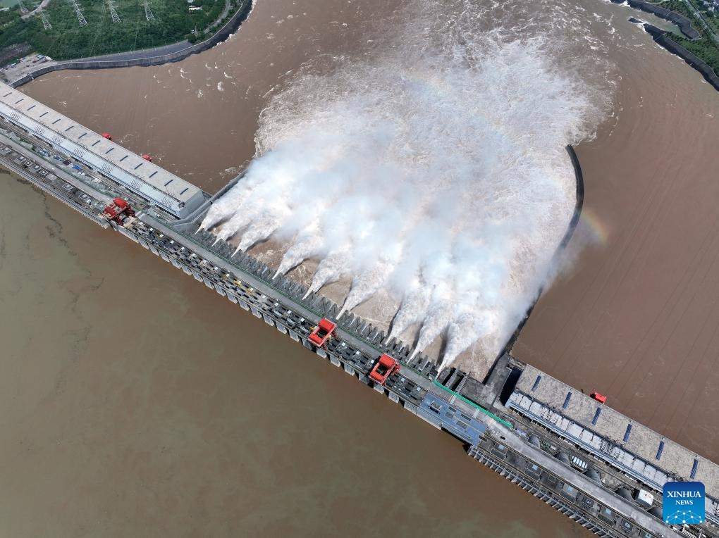 Water gushes out from the Three Gorges Dam through nine of its flood discharge gates to spare more capacity for incoming floods from upper reaches of the Yangtze River, in central China's Hubei Province, July 15, 2024. (Photo: Xinhua)