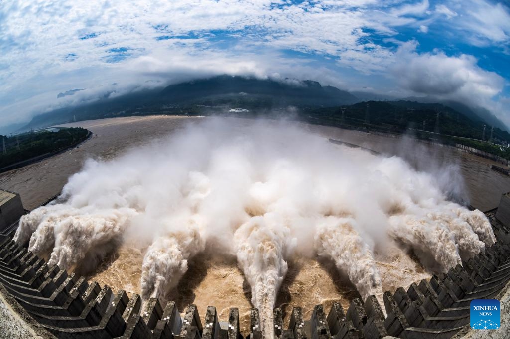 Water gushes out from the Three Gorges Dam through nine of its flood discharge gates to spare more capacity for incoming floods from upper reaches of the Yangtze River, in central China's Hubei Province, July 15, 2024. (Photo: Xinhua)