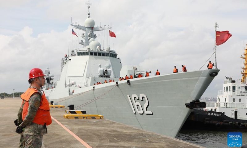 This photo taken on July 15, 2024 shows the Chinese guided-missile destroyer Nanning at a naval port in Zhanjiang, south China's Guangdong Province. Chinese and Russian fleets set sail from a naval port in Zhanjiang, south China's Guangdong Province, on Monday for a three-day maritime exercise. (Photo: Xinhua)