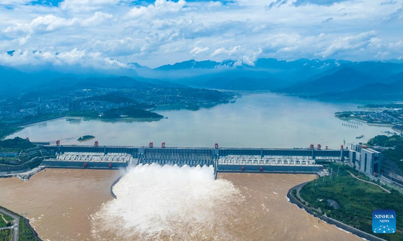 Water gushes out from the Three Gorges Dam through nine of its flood discharge gates to spare more capacity for incoming floods from upper reaches of the Yangtze River, in central China's Hubei Province, July 15, 2024. (Photo: Xinhua)