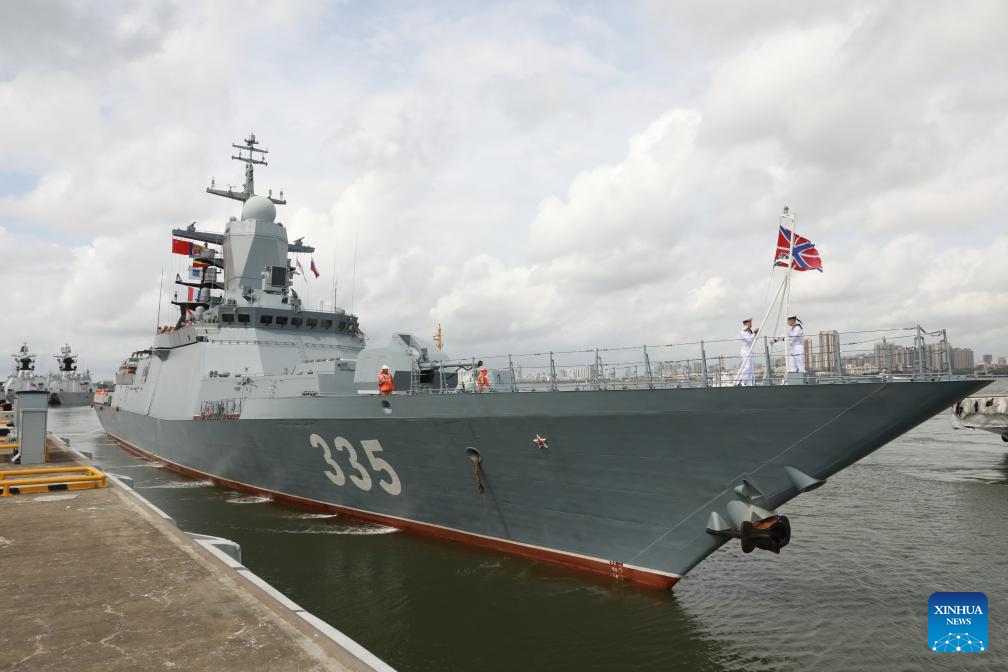 This photo taken on July 15, 2024 shows the Russian corvette Gromkiy departing from a naval port in Zhanjiang, south China's Guangdong Province. Chinese and Russian fleets set sail from a naval port in Zhanjiang, south China's Guangdong Province, on Monday for a three-day maritime exercise. (Photo: Xinhua)