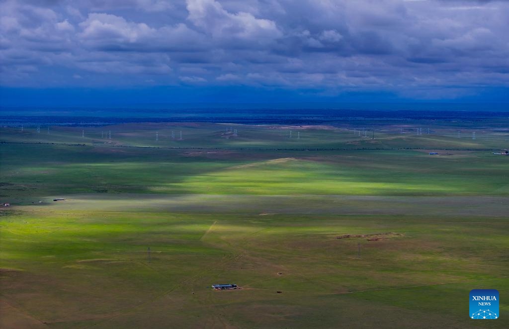 An aerial drone photo taken on July 16, 2024 shows the scenery of a grassland in West Ujimqin Banner of Xilingol League, north China's Inner Mongolia Autonomous Region. (Photo: Xinhua)
