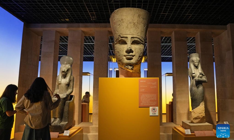 This photo taken on July 17, 2024 shows the head of the god Amun during a preview of the exhibition On Top of the Pyramid: The Civilization of Ancient Egypt at the Shanghai Museum in east China's Shanghai. The opening ceremony of the exhibition was held Wednesday at the Shanghai Museum on the People's Square of the city. (Photo: Xinhua)