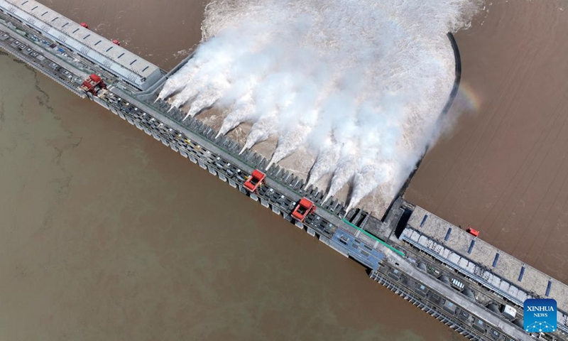 Water gushes out from the Three Gorges Dam through nine of its flood discharge gates to spare more capacity for incoming floods from upper reaches of the Yangtze River, in central China's Hubei Province, July 15, 2024. Photo: Xinhua