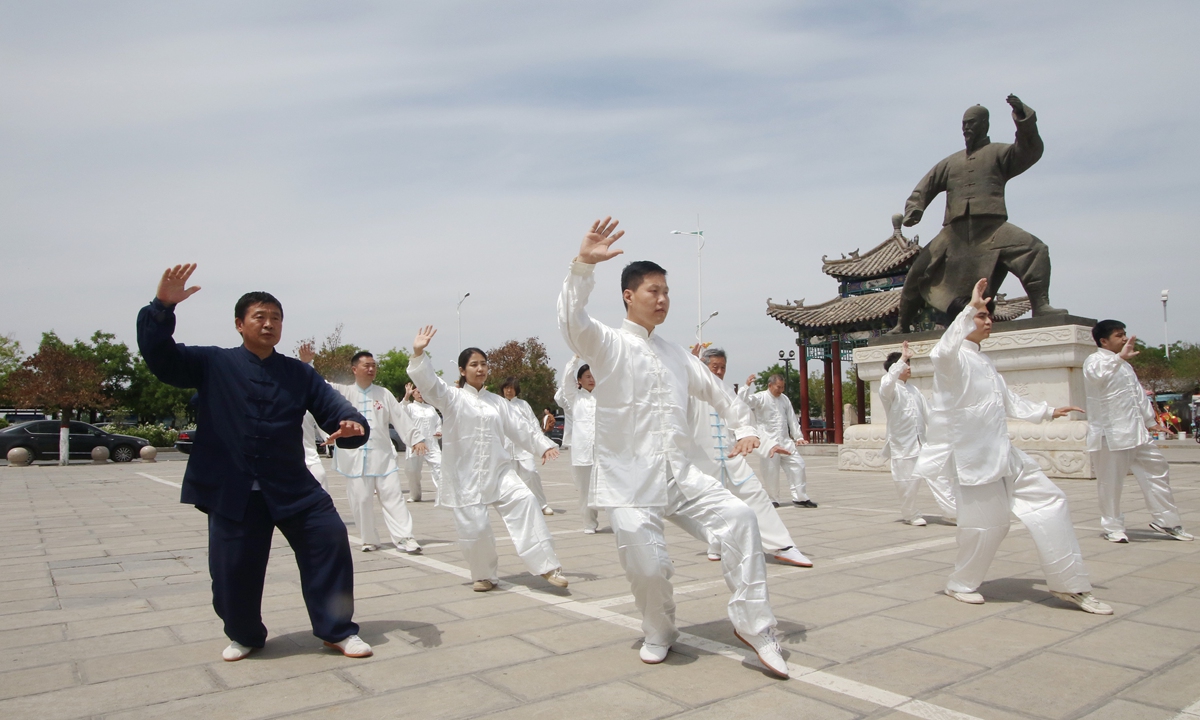 People practice tai chi in Handan, North China's Hebei Province. Photo: VCG