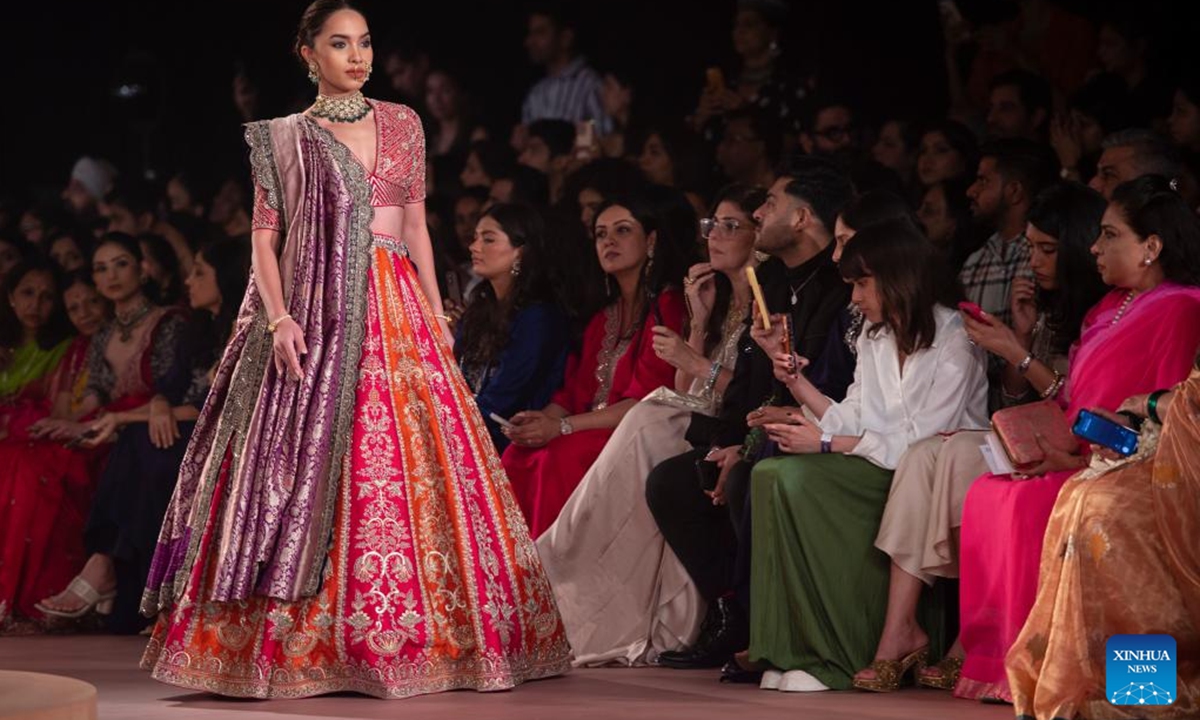 Models present creations of Jayanti Reddy during the FDCI India Couture Week in New Delhi, on July 29, 2024. (Photo: Xinhua)
