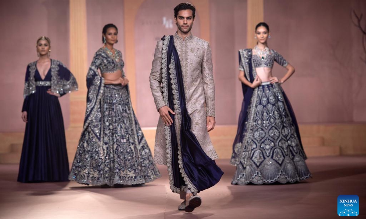 Models present creations of Jayanti Reddy during the FDCI India Couture Week in New Delhi, on July 29, 2024. (Photo: Xinhua)