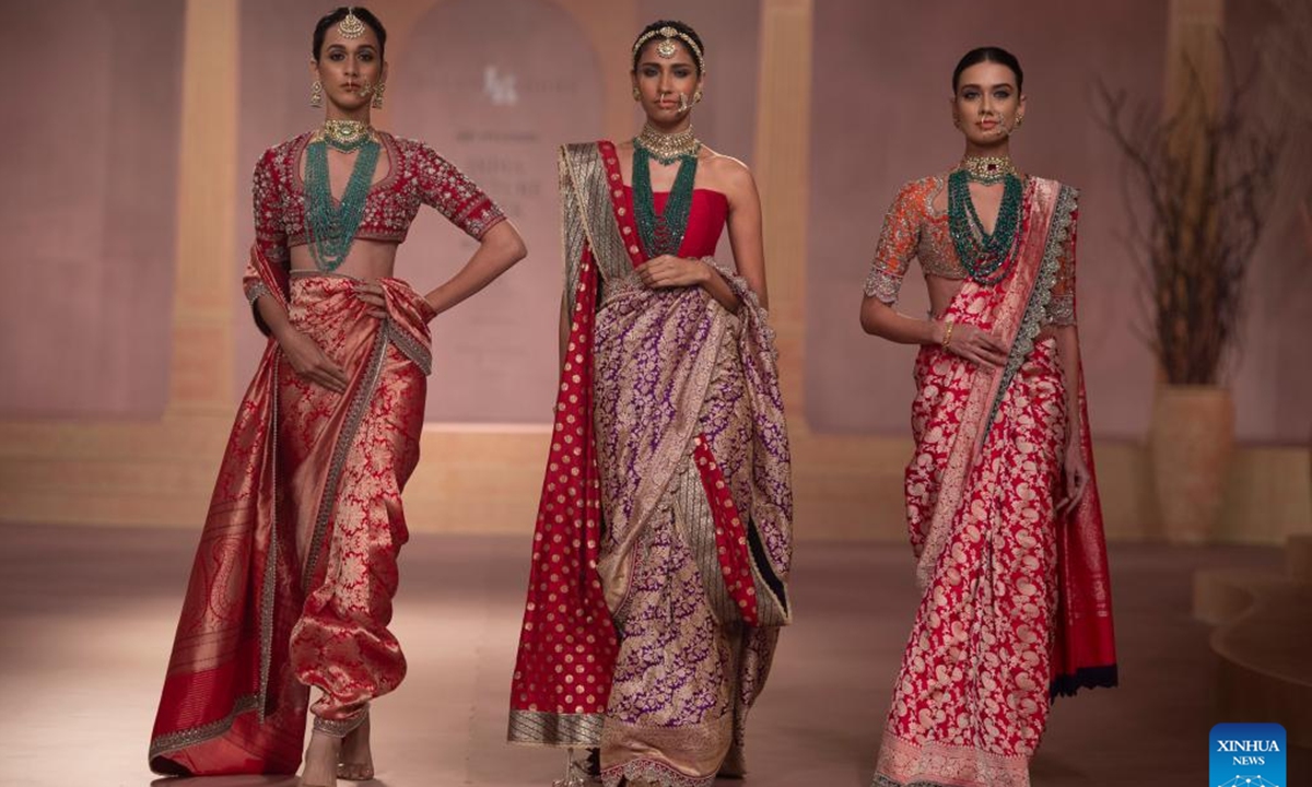 Models present creations of Jayanti Reddy during the FDCI India Couture Week in New Delhi, on July 29, 2024. (Photo: Xinhua)