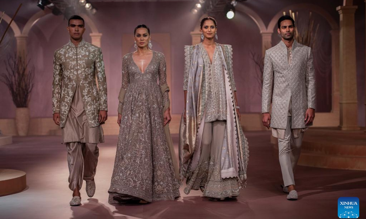 Models present creations of Jayanti Reddy during the FDCI India Couture Week in New Delhi, on July 29, 2024. (Photo: Xinhua)