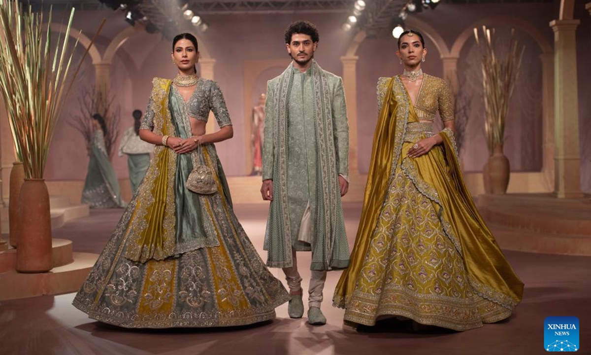 Models present creations of Jayanti Reddy during the FDCI India Couture Week in New Delhi, on July 29, 2024. (Photo: Xinhua)