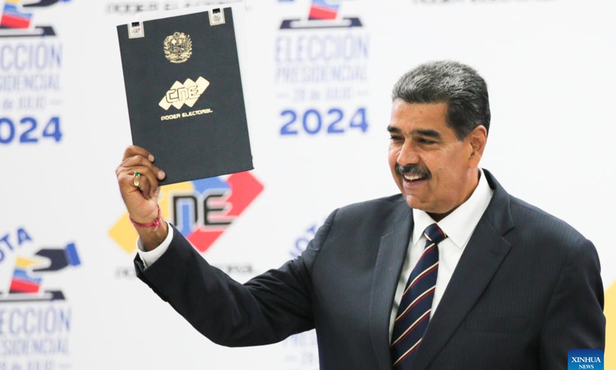 Venezuelan President Nicolas Maduro reacts during his proclamation ceremony as re-elected president of the country at the National Electoral Council in Caracas, Venezuela, July 29, 2024.
Venezuela's National Electoral Council on Monday declared Nicolas Maduro the winner of Sunday's presidential elections. (Photo: Xinhua)