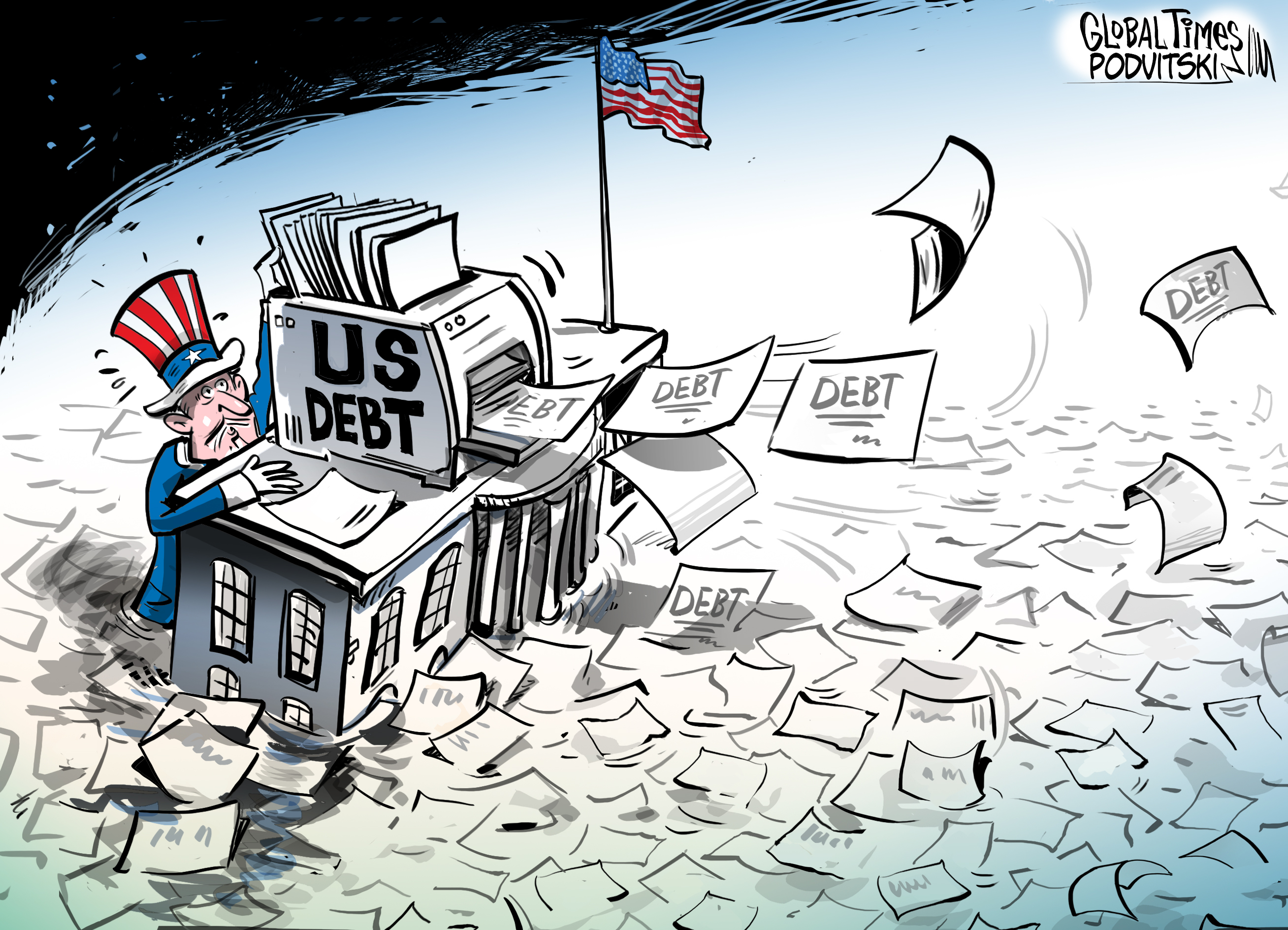 The US is drowned in mounting debt. Cartoon:Vitaly Podvitski