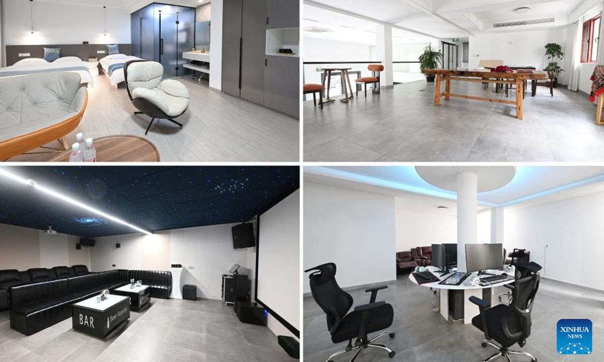 This combo photo shows rooms of a homestay in Shangye Village of Baita Town in Xianju County, east China's Zhejiang Province, July 28, 2024. Xianju County is rich in tourism resources. By tapping local characteristic cultural resources and introducing high-end boutique homestay projects, the local government has turned resource advantages into industrial advantages, igniting a new engine for rural revitalization. (Photo: Xinhua)