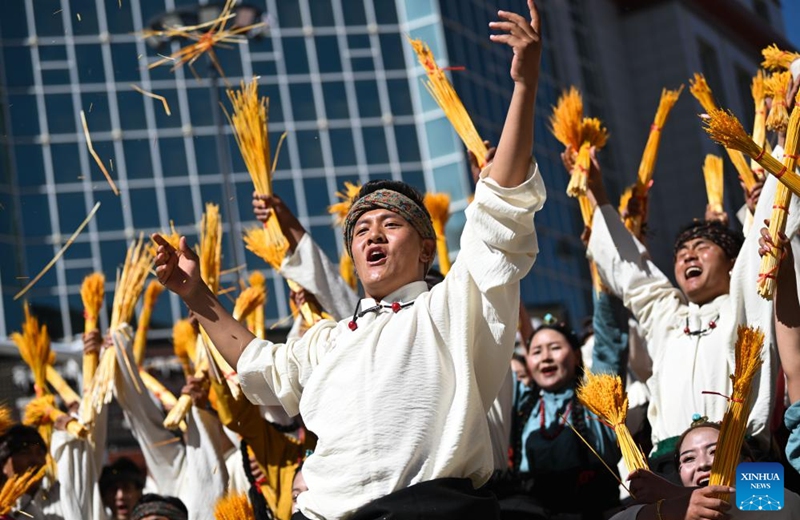 Artists perform during a celebration in Maqen County, the Tibetan Autonomous Prefecture of Golog, northwest China's Qinghai Province, Aug. 3, 2024. The Tibetan Autonomous Prefecture of Golog saw a variety of activities organized on Saturday in celebration of the 70th anniversary of its establishment. Photo: Xinhua
