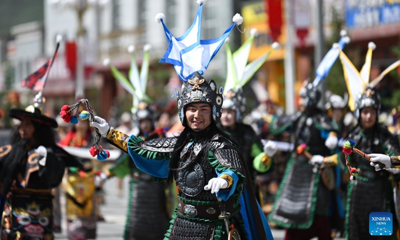 Artists perform during a celebration in Maqen County, the Tibetan Autonomous Prefecture of Golog, northwest China's Qinghai Province, Aug. 3, 2024. The Tibetan Autonomous Prefecture of Golog saw a variety of activities organized on Saturday in celebration of the 70th anniversary of its establishment. Photo: Xinhua