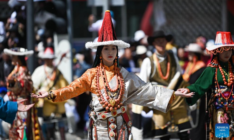 Artists perform during a celebration in Maqen County, the Tibetan Autonomous Prefecture of Golog, northwest China's Qinghai Province, Aug. 3, 2024. The Tibetan Autonomous Prefecture of Golog saw a variety of activities organized on Saturday in celebration of the 70th anniversary of its establishment. Photo: Xinhua