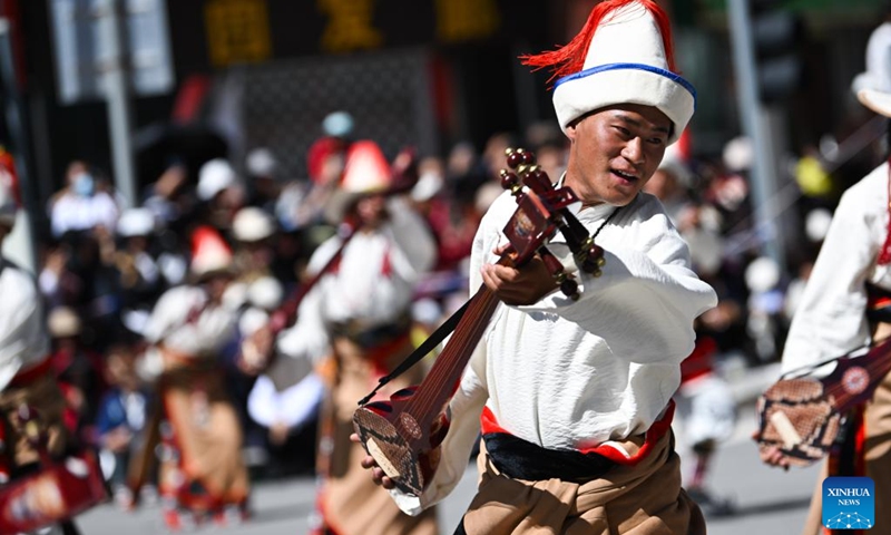 Artists perform during a celebration in Maqen County, the Tibetan Autonomous Prefecture of Golog, northwest China's Qinghai Province, Aug. 3, 2024. The Tibetan Autonomous Prefecture of Golog saw a variety of activities organized on Saturday in celebration of the 70th anniversary of its establishment. Photo: Xinhua