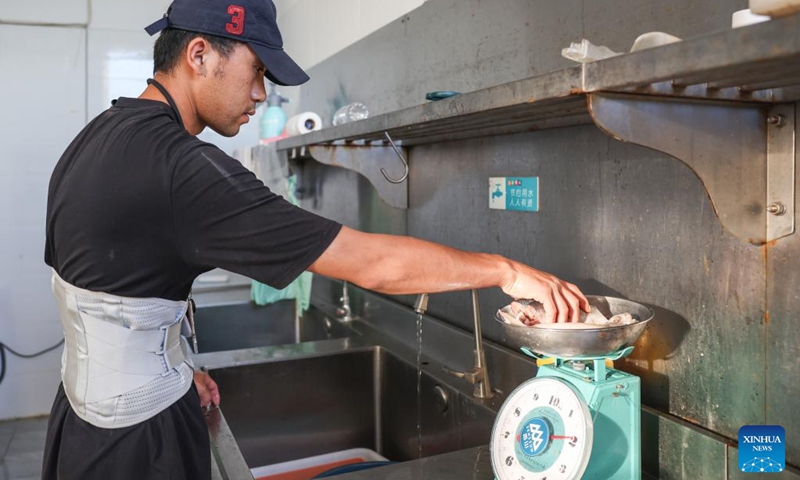 A worker weighs the food for the short-finned pilot whale Haili at Sanya Haichang Animal Conservation Center in Sanya, south China's Hainan Province, Aug. 2, 2024. Haili, a short-finned pilot whale rescued earlier after being stranded in Haitang Bay of Sanya, has recovered well and is now able to feed and dive normally. In order to increase its activity, the rescue team has expanded its swimming area to three pools, and will make further treatment and release plans according to its physical condition. Photo: Xinhua