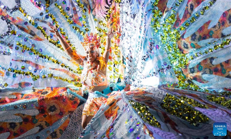 A dressed-up competitor performs during the King and Queen Showcase of the 2024 Toronto Caribbean Carnival in Toronto, Canada, Aug. 1, 2024. Dozens of masqueraders competed for the King and Queen of the Carnival here on Thursday. Photo: Xinhua