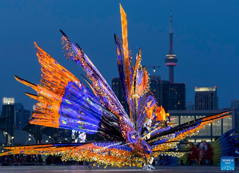 A dressed-up competitor performs during the King and Queen Showcase of the 2024 Toronto Caribbean Carnival in Toronto, Canada, Aug. 1, 2024. Dozens of masqueraders competed for the King and Queen of the Carnival here on Thursday. Photo: Xinhua