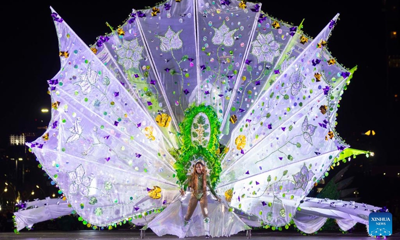 A dressed-up competitor performs during the King and Queen Showcase of the 2024 Toronto Caribbean Carnival in Toronto, Canada, Aug. 1, 2024. Dozens of masqueraders competed for the King and Queen of the Carnival here on Thursday. Photo: Xinhua