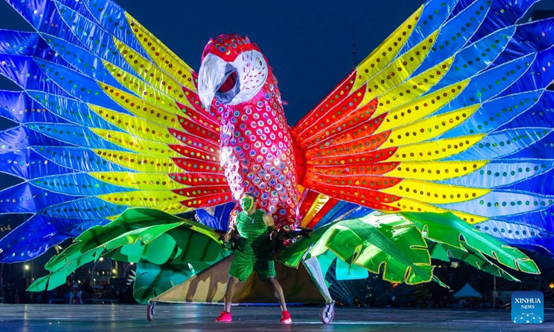 A dressed-up competitor performs during the King and Queen Showcase of the 2024 Toronto Caribbean Carnival in Toronto, Canada, Aug. 1, 2024. Dozens of masqueraders competed for the King and Queen of the Carnival here on Thursday. Photo: Xinhua