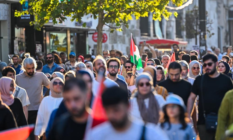 People take part in a rally to express their support for the Palestinians in Istanbul, Türkiye, Aug. 3, 2024. Photo: Xinhua
